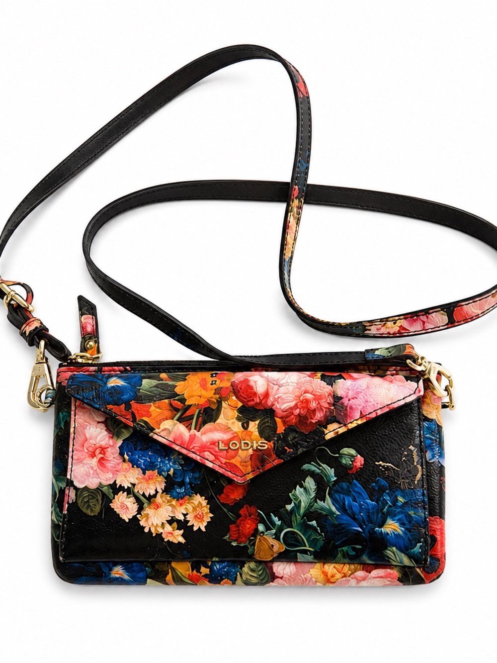 NWOT! Lodis Leather Floral Black Crossbody Wallet